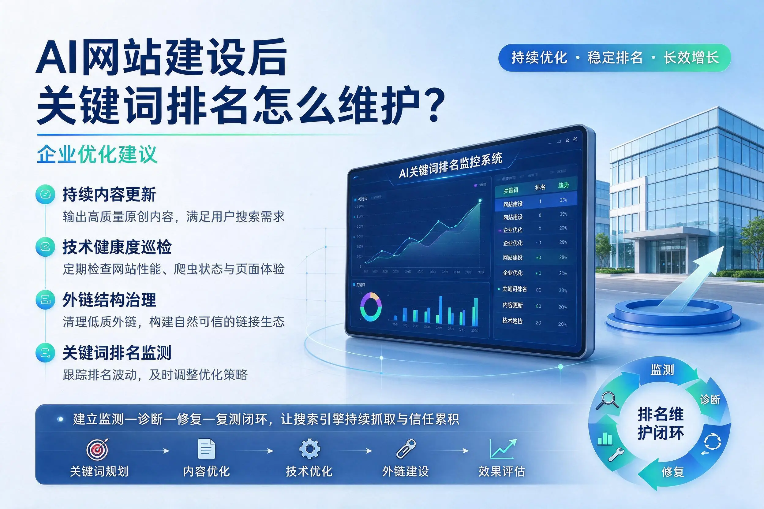 AI网站建设后关键词排名怎么维护?丹东企业优化建议