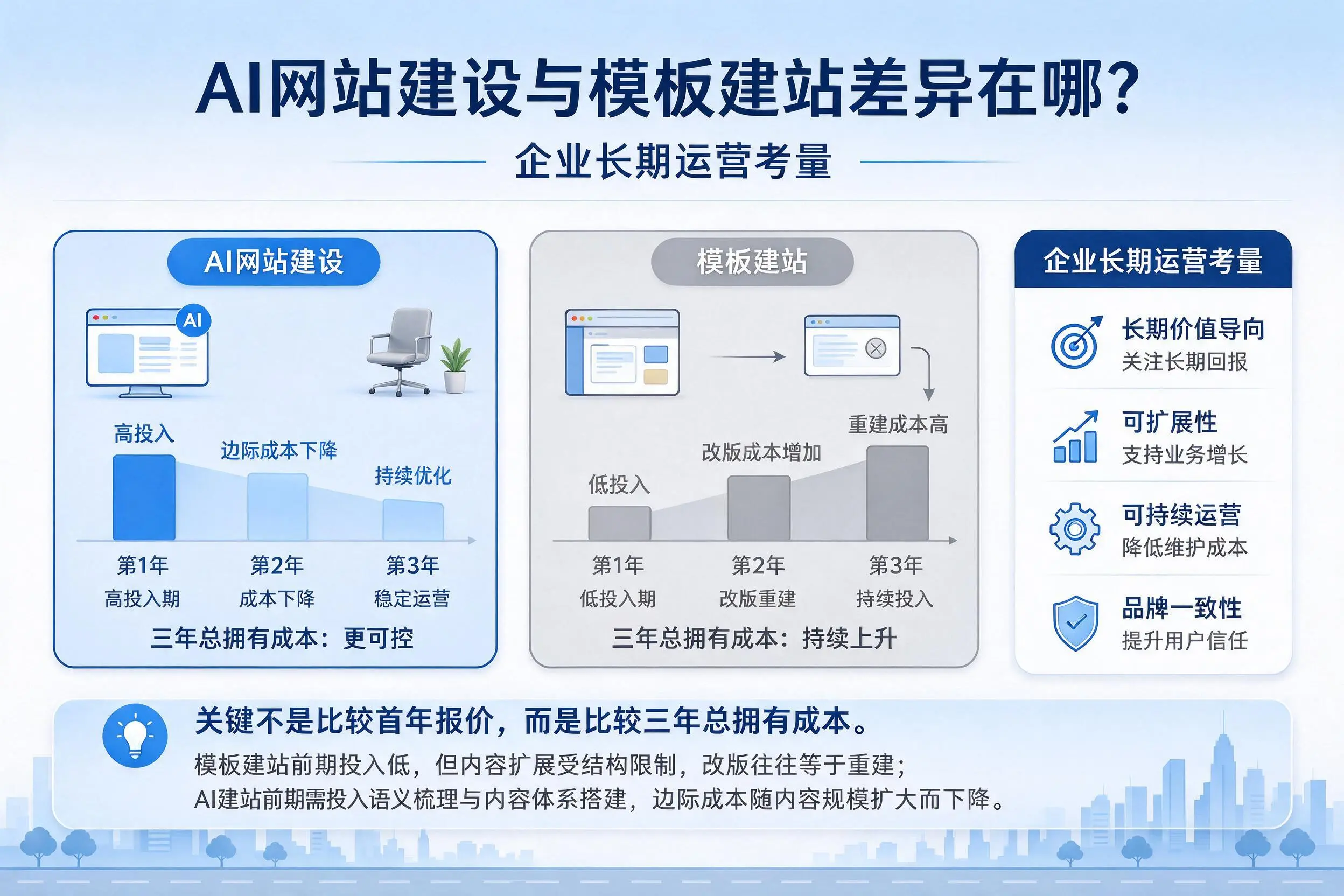 AI网站建设与模板建站差异在哪？丹东企业长期运营考量